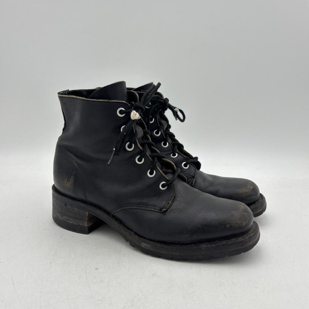 Vintage Frye Black Leather Heeled Combat Boots Women's 38 Punk Grunge Biker